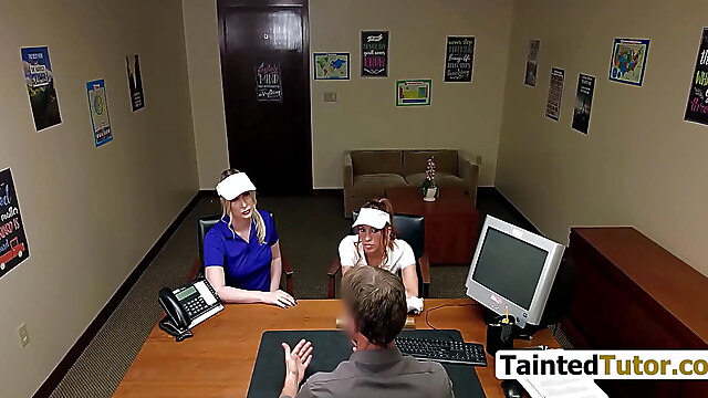 Cougar and milf threesome, groping student, student desk, thief college, college stepmom