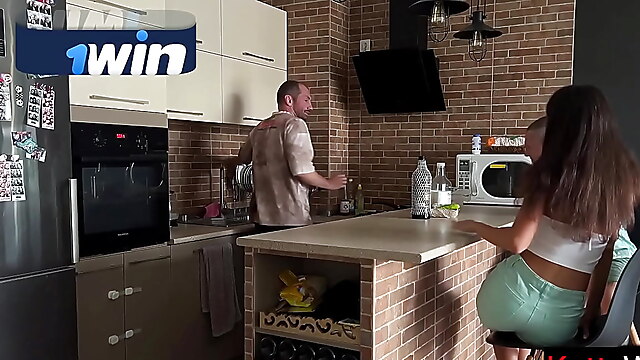 Face cook, dinner wife cuckold, sex under a table, wife dinner table, dinner table blowjob, milf brunette taboo